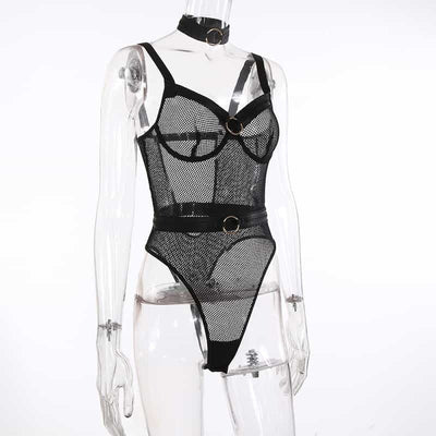 See Through Black Mesh Bodysuit show Sideway