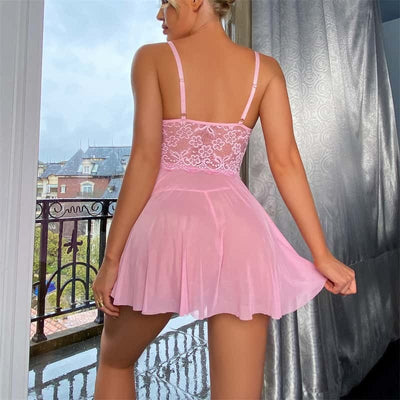 Sexy Lace Pink Chemise Nightgown With Big Bow Back Show On Model