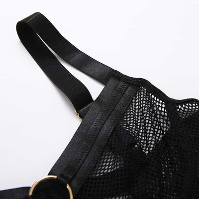 Shoulder Strap Details Of The See Through Black Mesh Bodysuit