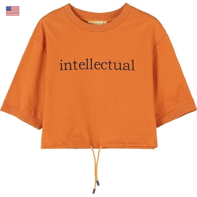 Basic Letter Print Women Crop Tops T-shirts