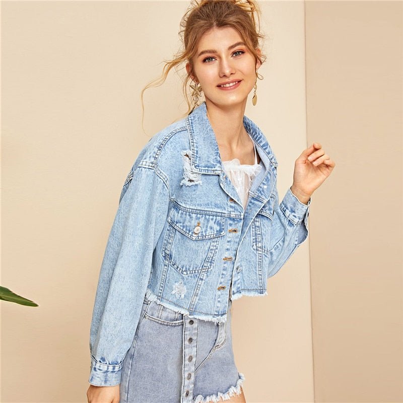 Blue Ripped Frayed Edge Flakes Crop Denim Jeans Jacket