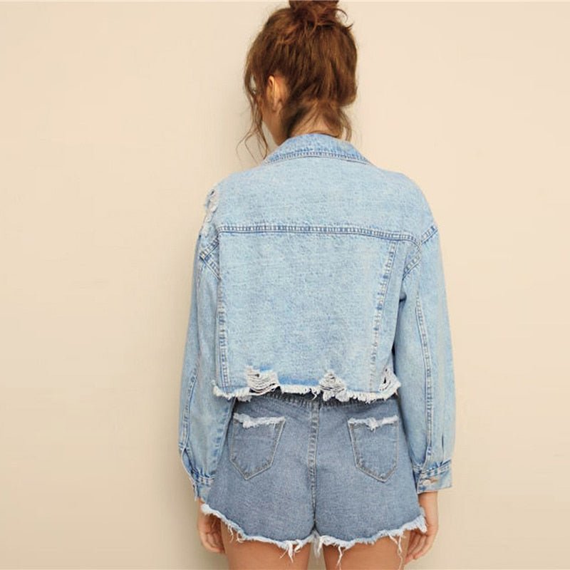 Blue Ripped Frayed Edge Flakes Crop Denim Jeans Jacket