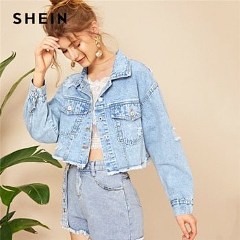Blue Ripped Frayed Edge Flakes Crop Denim Jeans Jacket