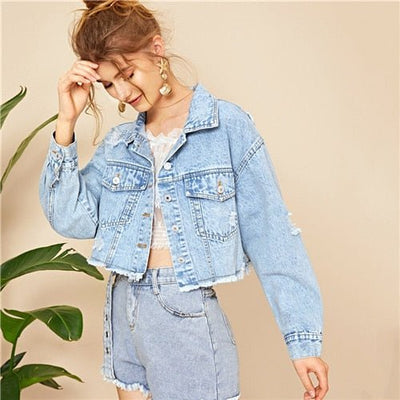Blue Ripped Frayed Edge Flakes Crop Denim Jeans Jacket