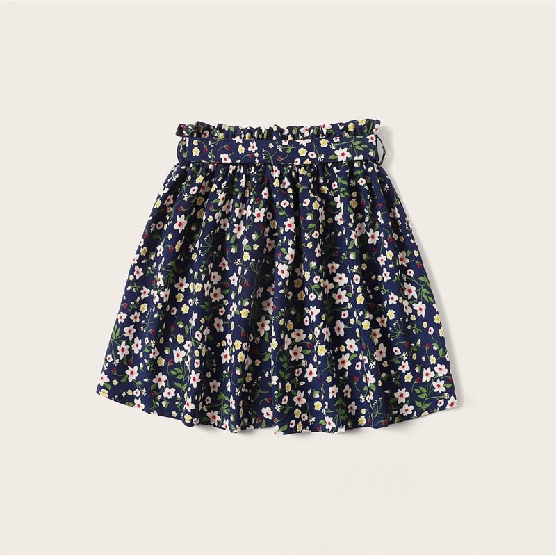 Boho Navy Ditsy Floral Print Paperbag Waist Belted Flared Skirts
