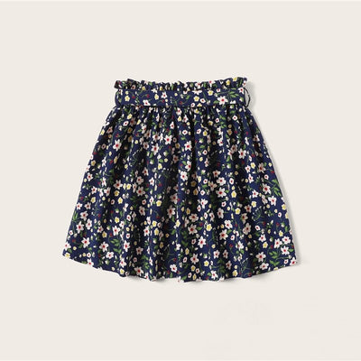 Boho Navy Ditsy Floral Print Paperbag Waist Belted Flared Skirts