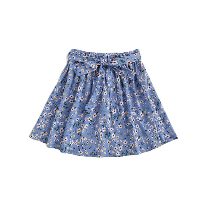 Boho Navy Ditsy Floral Print Paperbag Waist Belted Flared Skirts