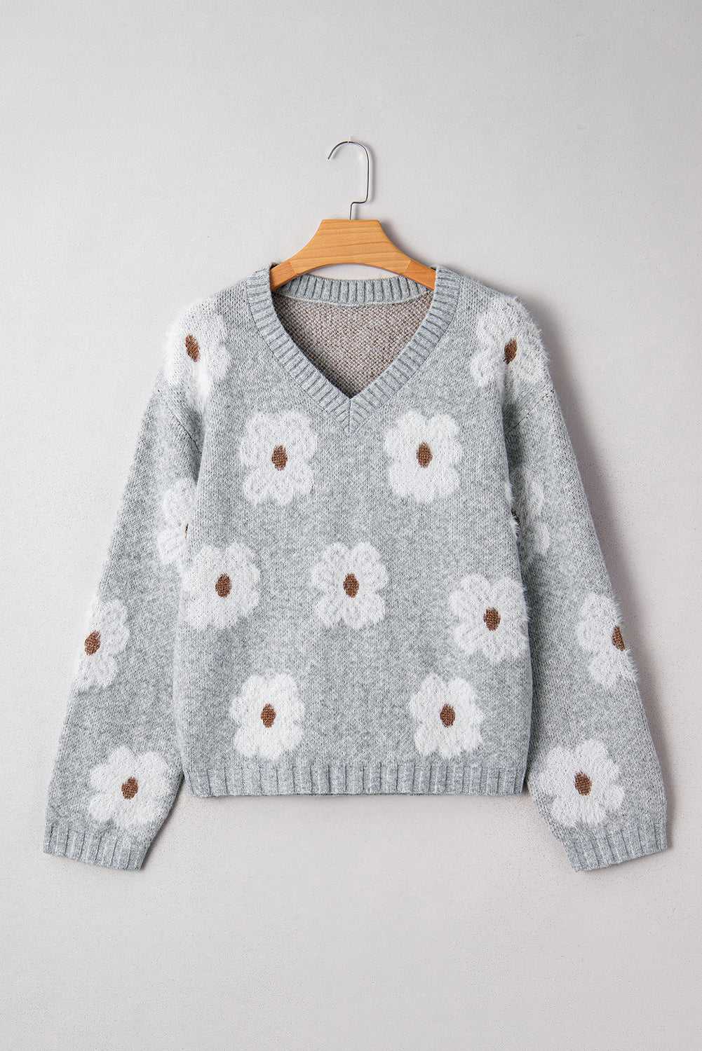 Oversized Grey Floral Knit Jumper – V‑Neck-1