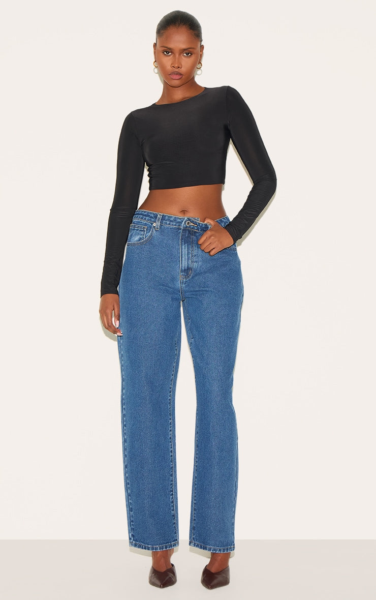 Schwarzes langärmliges Crop-Top