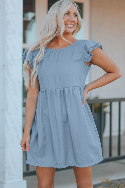 Ellis Flutter Sleeve Ruched Denim Casual Dress