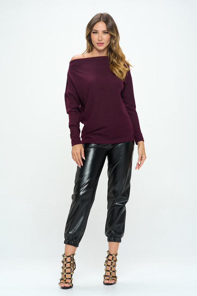 Plum Brushed Knit Off the Shoulder Top