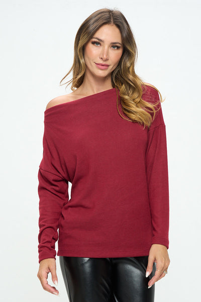 Burgundy Brushed Knit Off the Shoulder Top
