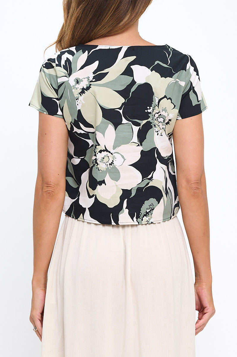 Cotton Floral Print Short Sleeve Crop Top