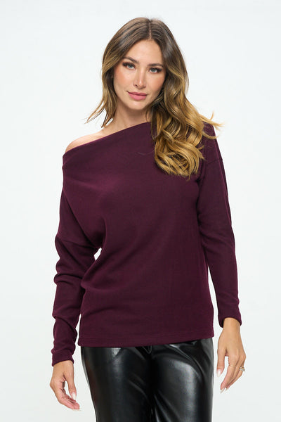 Plum Brushed Knit Off the Shoulder Top