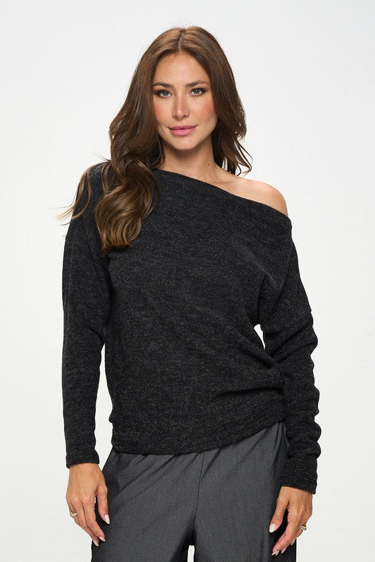 Charcoal Knit Off the Shoulder Top