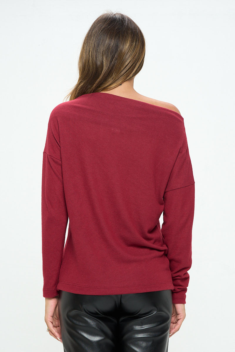 Burgundy Brushed Knit Off the Shoulder Top
