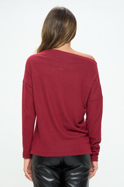 Burgundy Brushed Knit Off the Shoulder Top