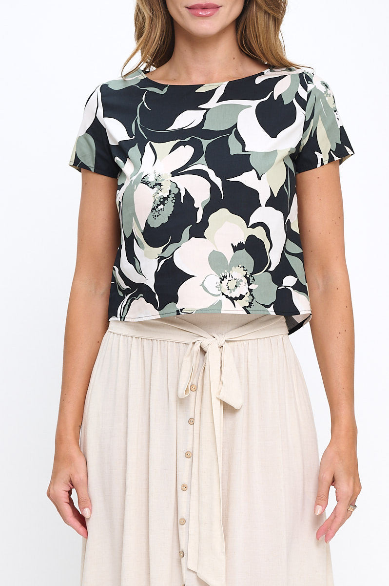 Cotton Floral Print Short Sleeve Crop Top
