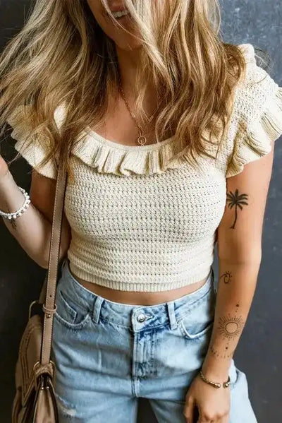 Knitted Crop Top - Beige Ruffled Neckline