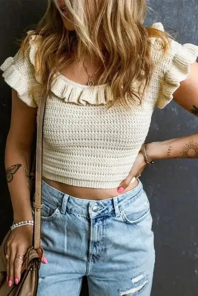 Knitted Crop Top - Beige Ruffled Neckline