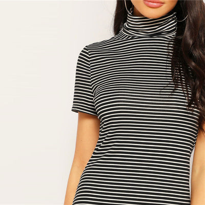 Spring High Neck Black and White Striped Mini Pencil Dress