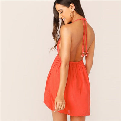 Night Out Deep V Neck Open Back Plunging Halter Sleeveless High Waist Neck Dress Summer Sexy Women Dresses