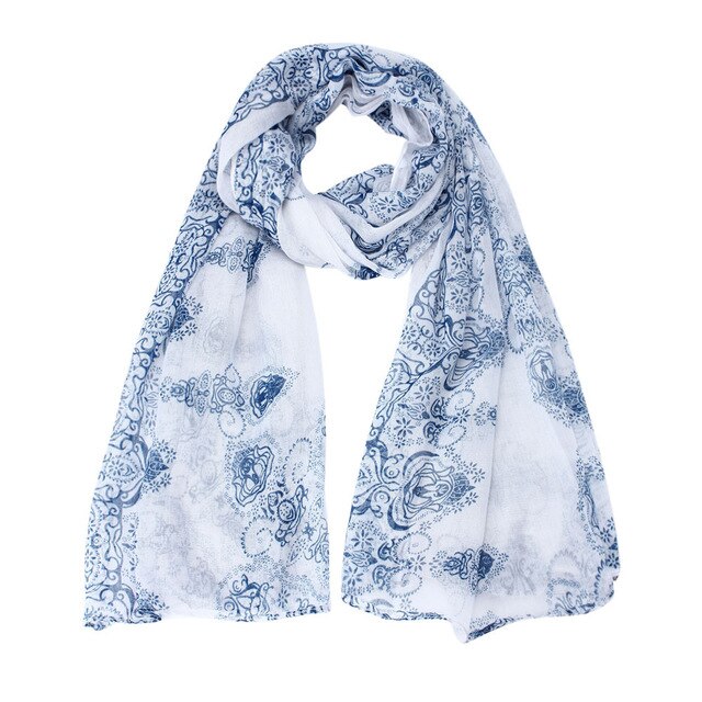Women Classical Print Scarf Scarves Sun Protection Gauze Kerchief Lightweight ethnic blue and white porcelain Bali yarn scarf