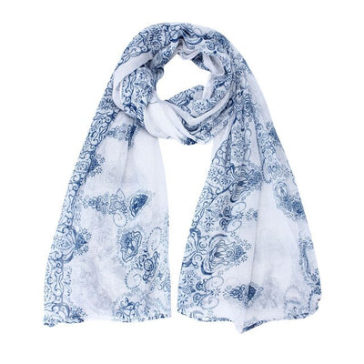 Women Classical Print Scarf Scarves Sun Protection Gauze Kerchief Lightweight ethnic blue and white porcelain Bali yarn scarf