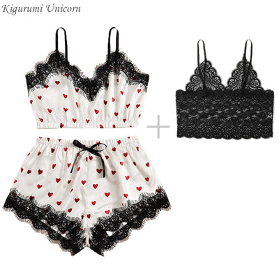 Lace Satin Cami With Striped Women Pijamas Sexy Sleepwear-0