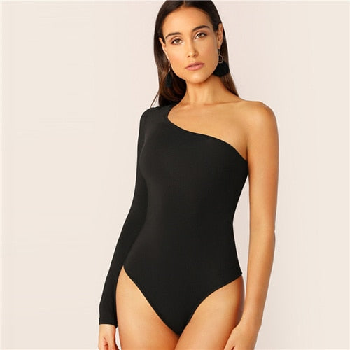 One Shoulder Form Fitting Bodysuit Stretchy Sexy Solid Long Sleeve