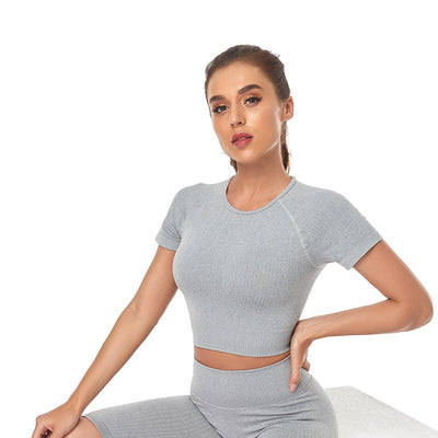 Women Yoga Shirts Short Sleeve Crop Top Gym Tops Fitness
