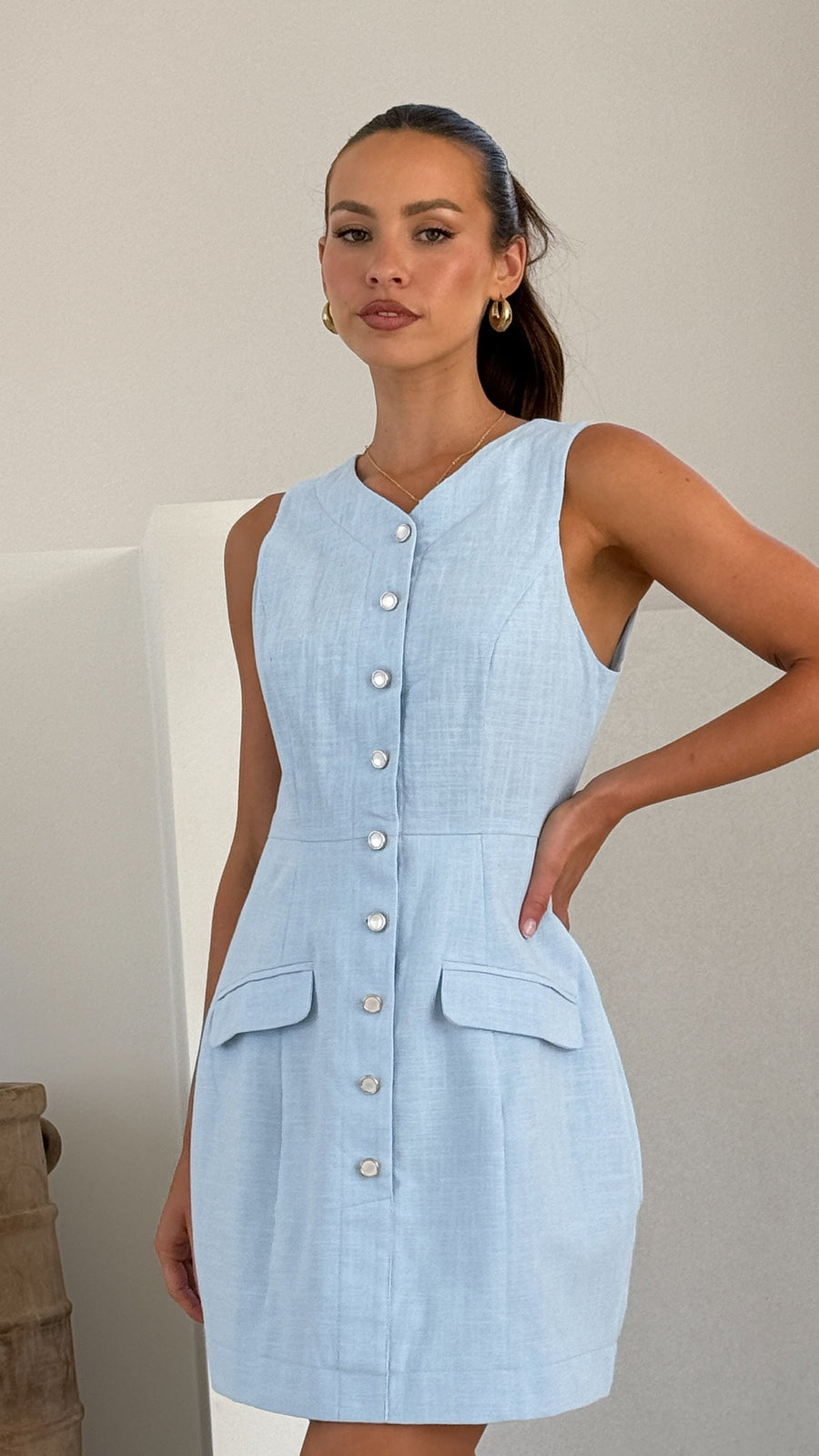 Powder Blue Linen Mini Dress – Sleeveless Button-Front Dress with Pockets