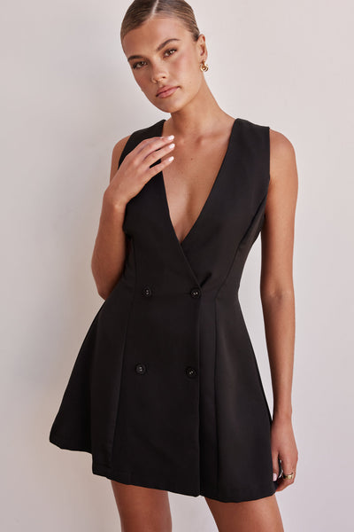 Black Dress - Double Breasted Mini Black Dress for Women Sleeveless
