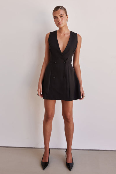 Black Dress - Double Breasted Mini Black Dress for Women Sleeveless