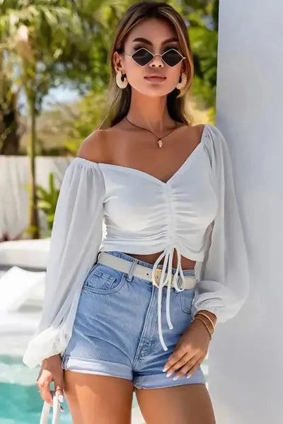 Sheer Puff Sleeve Crop Top - White