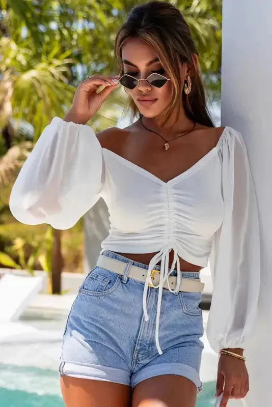 Sheer Puff Sleeve Crop Top - White