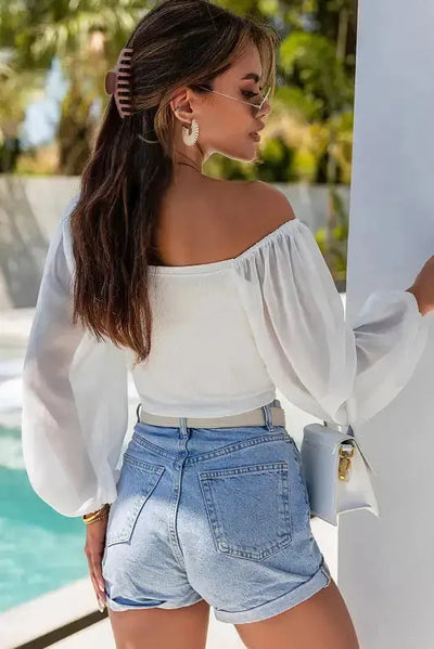 Sheer Puff Sleeve Crop Top - White